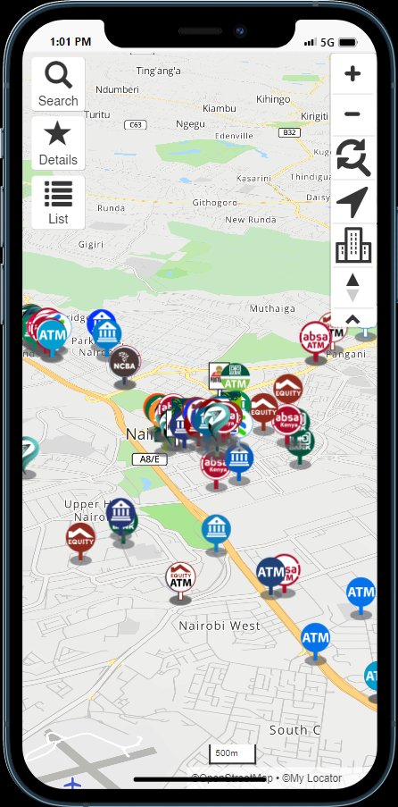 iPhone 12 Pro showing the locator map with branded bank pins across Nairobi